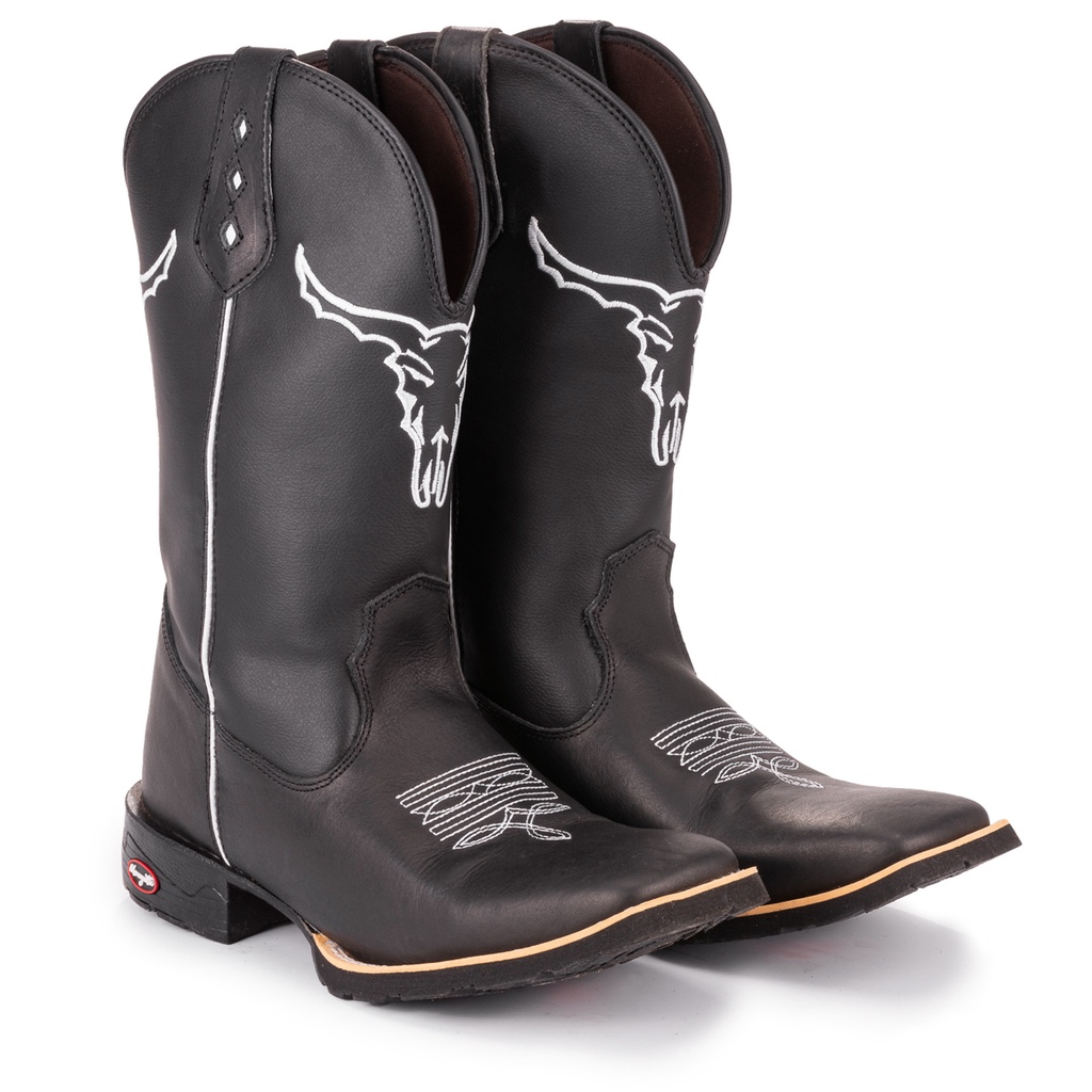 Bota Texana Country Masculina Cara de Boi Black Bico Quadrado