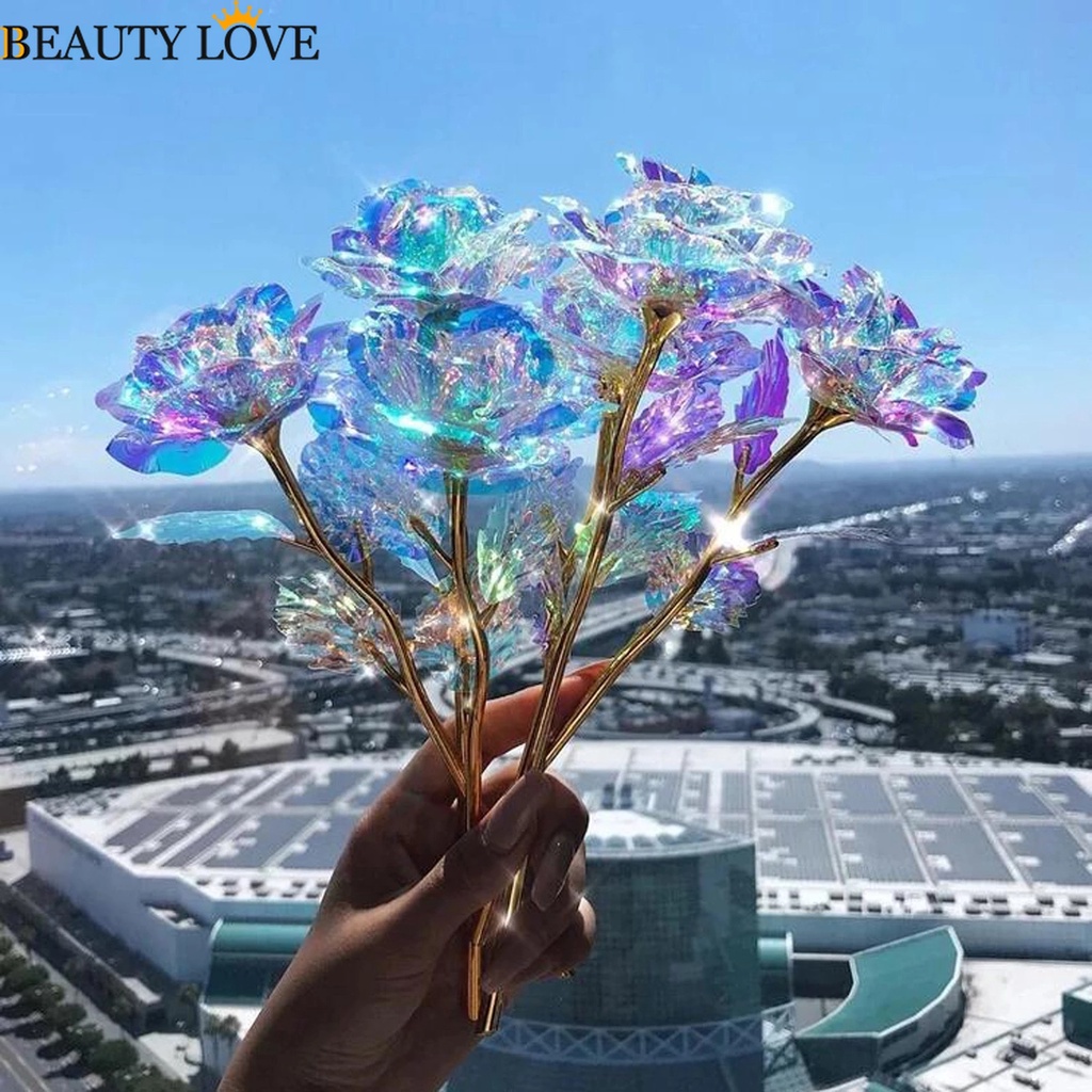 Flores Artificiais Decoração Rosas Luminosas De Cristal/Luz LED Ornamento/Simulação De Folha De Ouro Claro Rosa Para Aniversário Dia Das Mães Dos Namorados