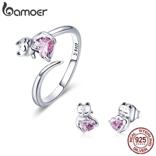 Bamoer 925 Conjunto De Joias De Prata Esterlina Anel E Brincos Padrão Gato Rosa Para Meninas Presentes