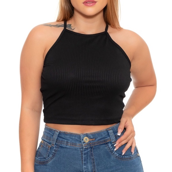 Cropped Alcinha Canelado Preto em Oferta na Shopee