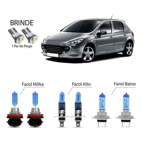 Kit Lampadas Branca Farol Baixo/milha/alto 8500k Peugeot 307