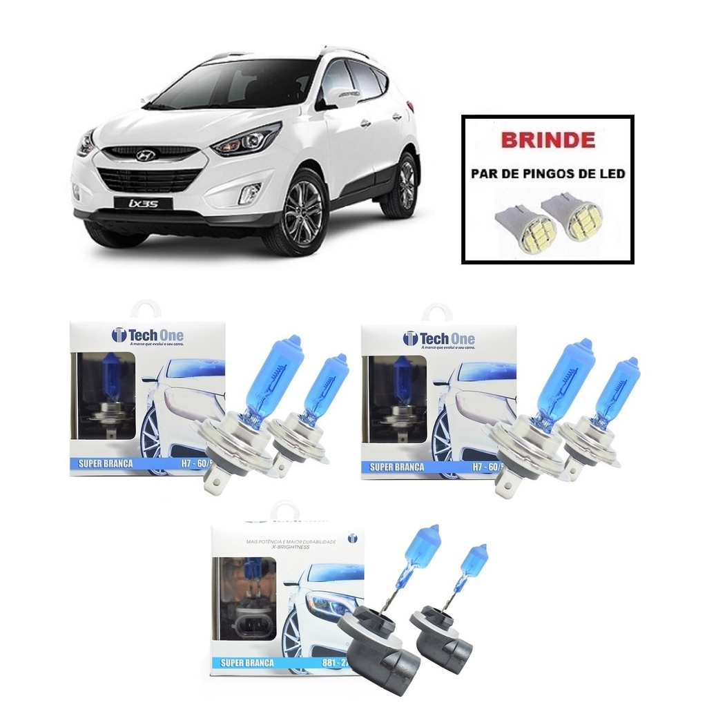 Kit Lampadas Super Brancas para Farol Alto / Baixo e Milha com 8500 Kelvins para Hyundai IX35 Selecione Modelo do Farol