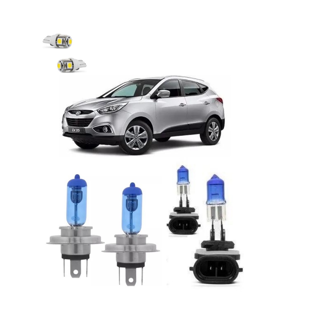 Kit Lâmpadas Super Branca Hyundai Ix35 Farol Alto/Baixo H4 Milhas H27 Anos: 2009, 2010, 2011, 2012, 2013