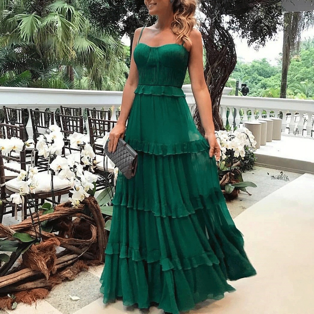 Verde Spaghetti Strap Mulheres Vestido De Festa À Noite Sem Mangas Sexy Babados Longos Ruffles Maxi Verão | Shopee Brasil