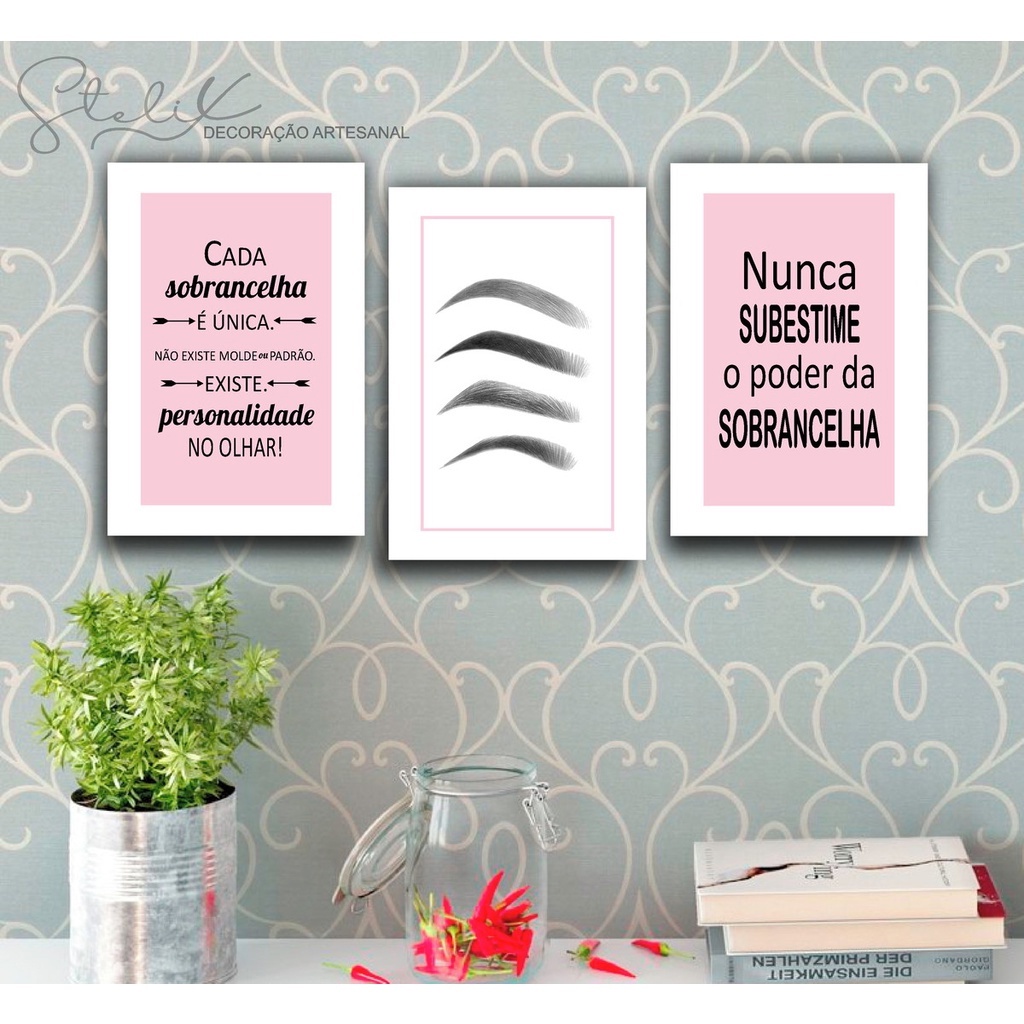Kit Quadros Decorativos Mosaico 3 Peças Trio Rose Rosa Mulher Designer sobrancelhas Woman Salão de Beleza Frase Cabelereiro