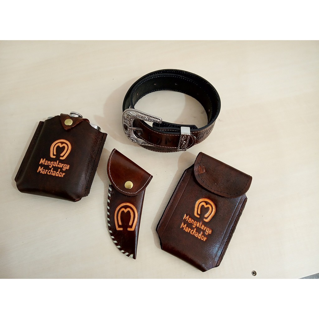 Kit Country Mangalarga Cinto em Couro Cantil Capa de Celular Bainha de Canivete