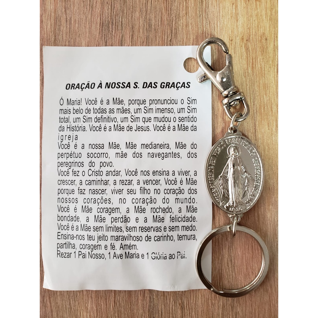 Chaveiro Nossa Senhora das Graças com Oração Católico Religioso Fé Proteção Presente Devocional