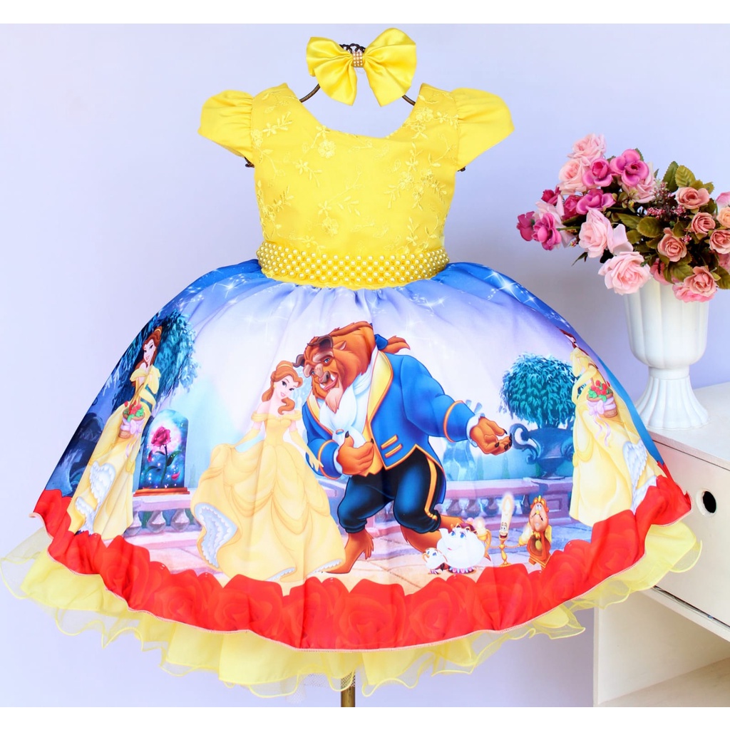 Vestido Infantil Tematico Bela E A Fera Aniversario Luxo Com Tiara Super Novidade