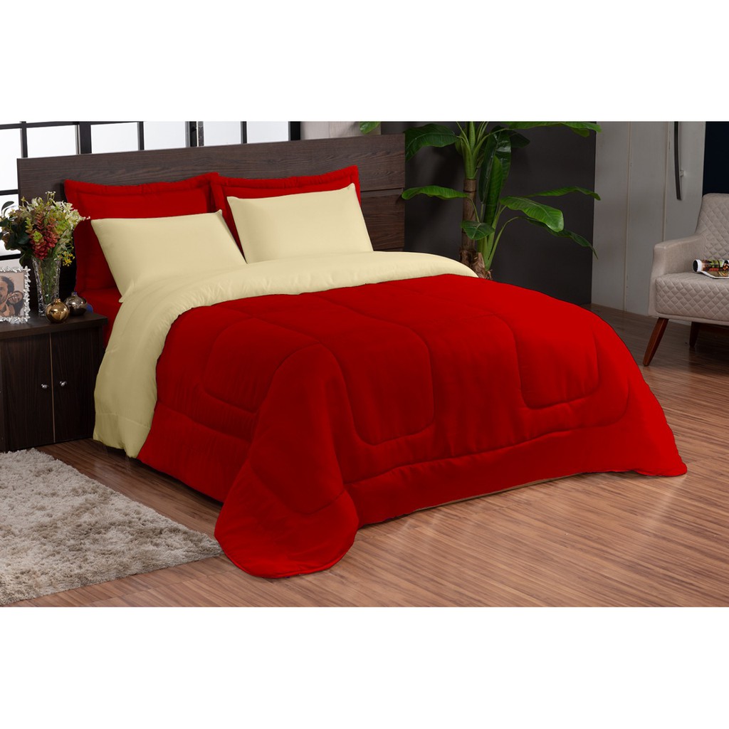 Kit Edredon Dupla Face Casal Queen 5 Peças Vermelho - azul- preto