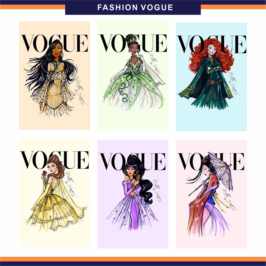 Placa Decorativa Princesas da Disney Revista Vogue Fashion - Decoração de Quarto Bela Pocahontas Mulan Jasmine Tiana Princesa - Mini Quadrinho