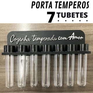 Porta Condimentos e Temperos de Cozinha em MDF Preto Com 7 Tubetes - Cozinha Temperada Com Amor