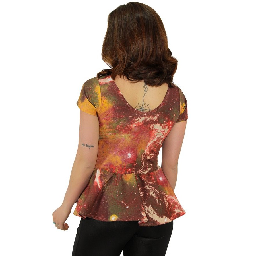 Blusa Peplum Babado Manguinha Estampa Galaxia