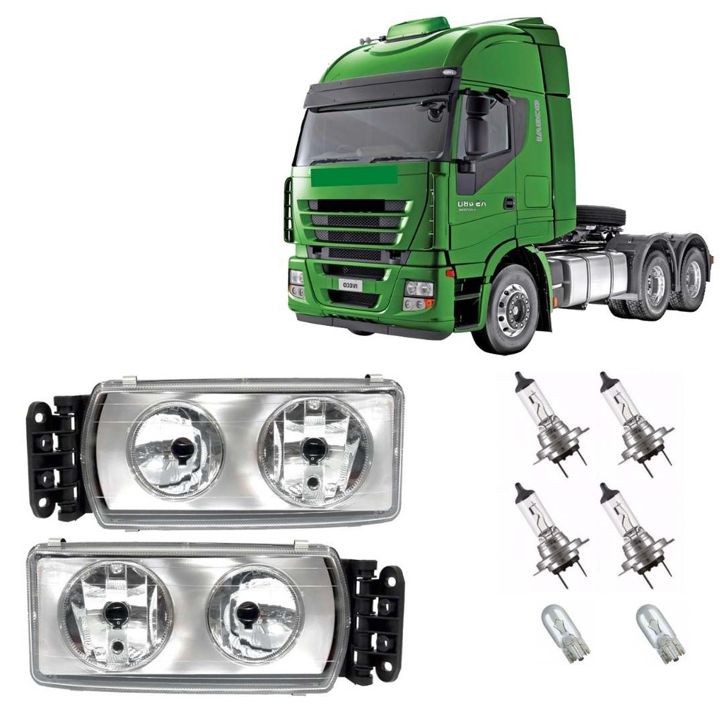 Kit Farol Dianteiro Vidro Fundo Cromado 24v Para Caminhão Iveco Stralis Tector Após 2006 + Lâmpadas