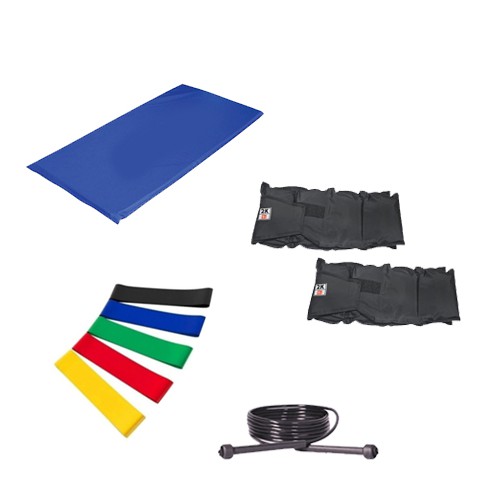 Kit Colchonete Azul + Par de Caneleira Tornozeleira De Peso 2kgs Profissional + 5 Mini Band Elástico para Exercícios + Corda de Pular Ajustável