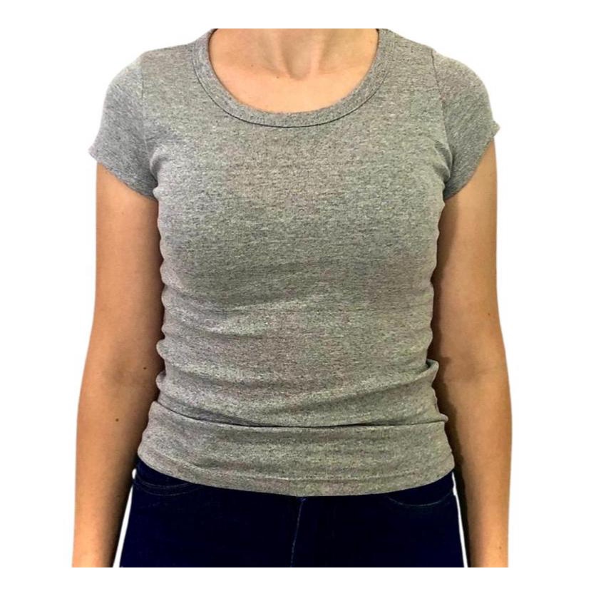 Blusa feminina estilosa baby look CINZA MESCLA 96% algodão 4% lycra.