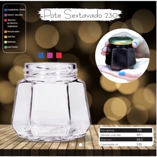 5  Pote De Vidro Sextavado 230ml+ Tampa dourada em Oferta na Shopee