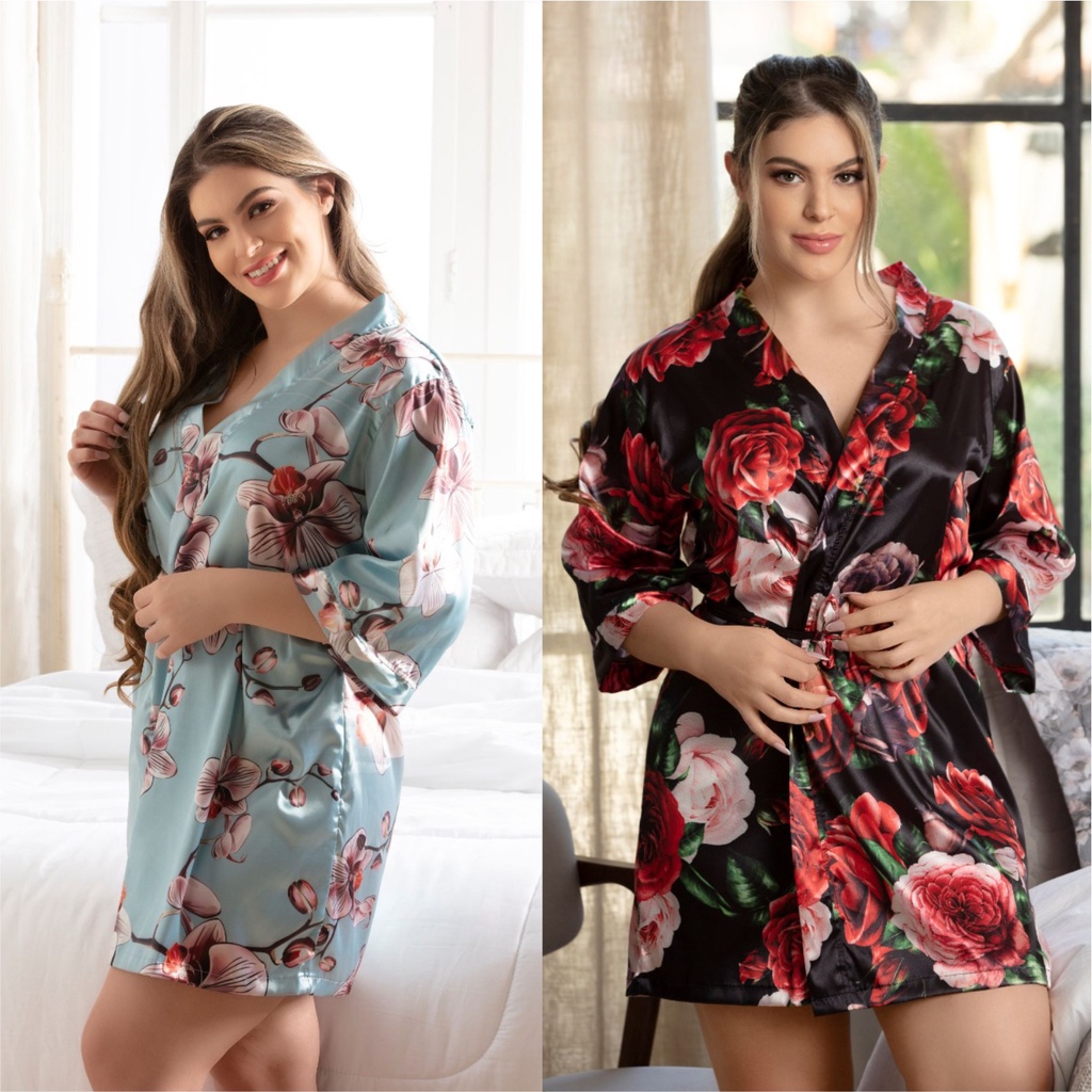 Roupão de Cetim Robe Estampado Robe Pijama Feminino Tamanho G Adulto