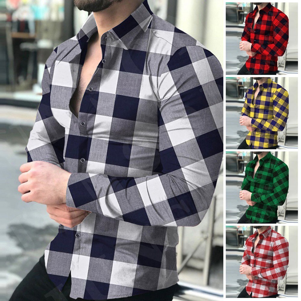Camisa a cuadros con botones de manga larga informal para hombre Camisas de  vestir de corte ajustado con músculos Tops | Shopee Brasil