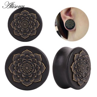 Alisouy New Style 2PCS Black Natural Wood Mandala Flower Plugs Túneis De Orelha De Madeira Preta Expansores Piercing Jóias Corporais
