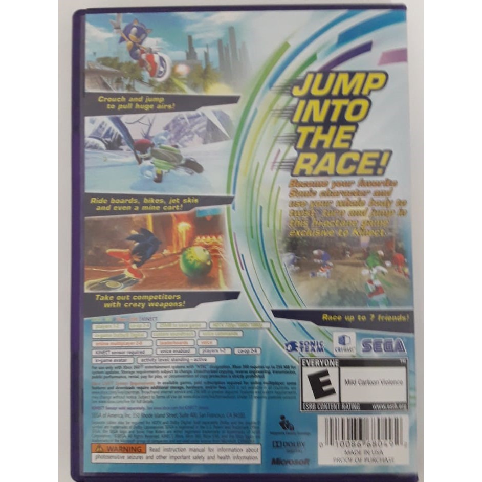 sonic free riders - jogo xbox 360 requer uso kinect - Retro Games