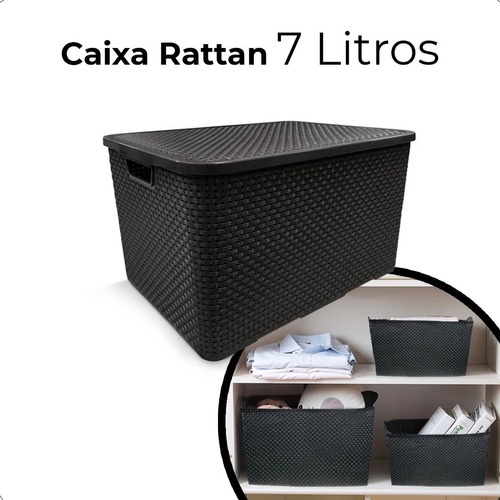 Caixa Organizadora Cesto Multiuso Rattan 7 Litros Com Tampa Preto Empilhavel Brinquedos Livros em Oferta na Shopee