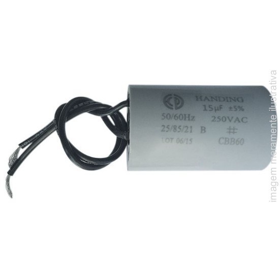 CAPACITOR DO MOTOR DA MÁQUINA DE COSTURA 15UF 250V 60HZ 5/100 COM FIO