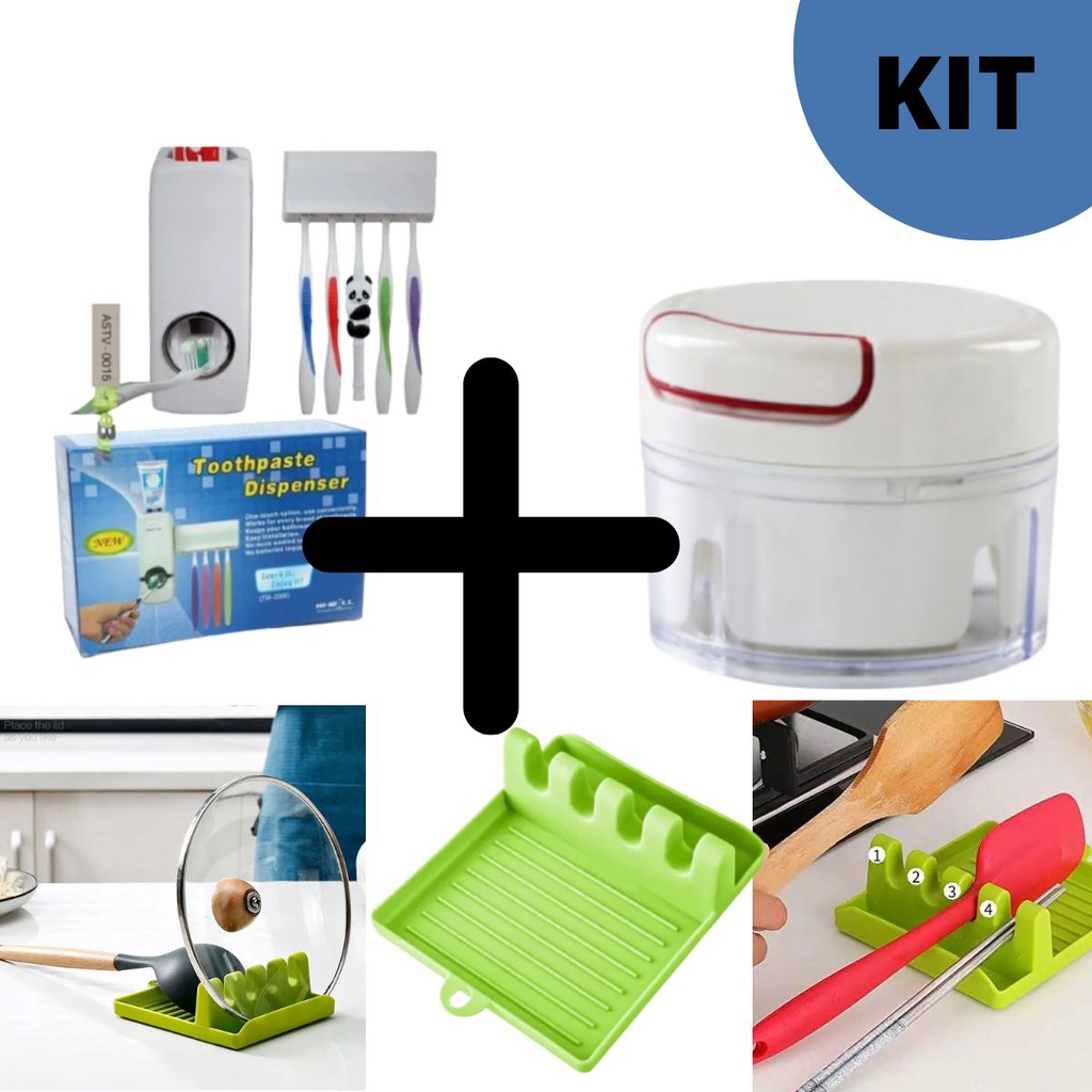 Kit com Triturador de Alho legumes Dispenser aplicador de pasta de dente e Suporte para Talheres