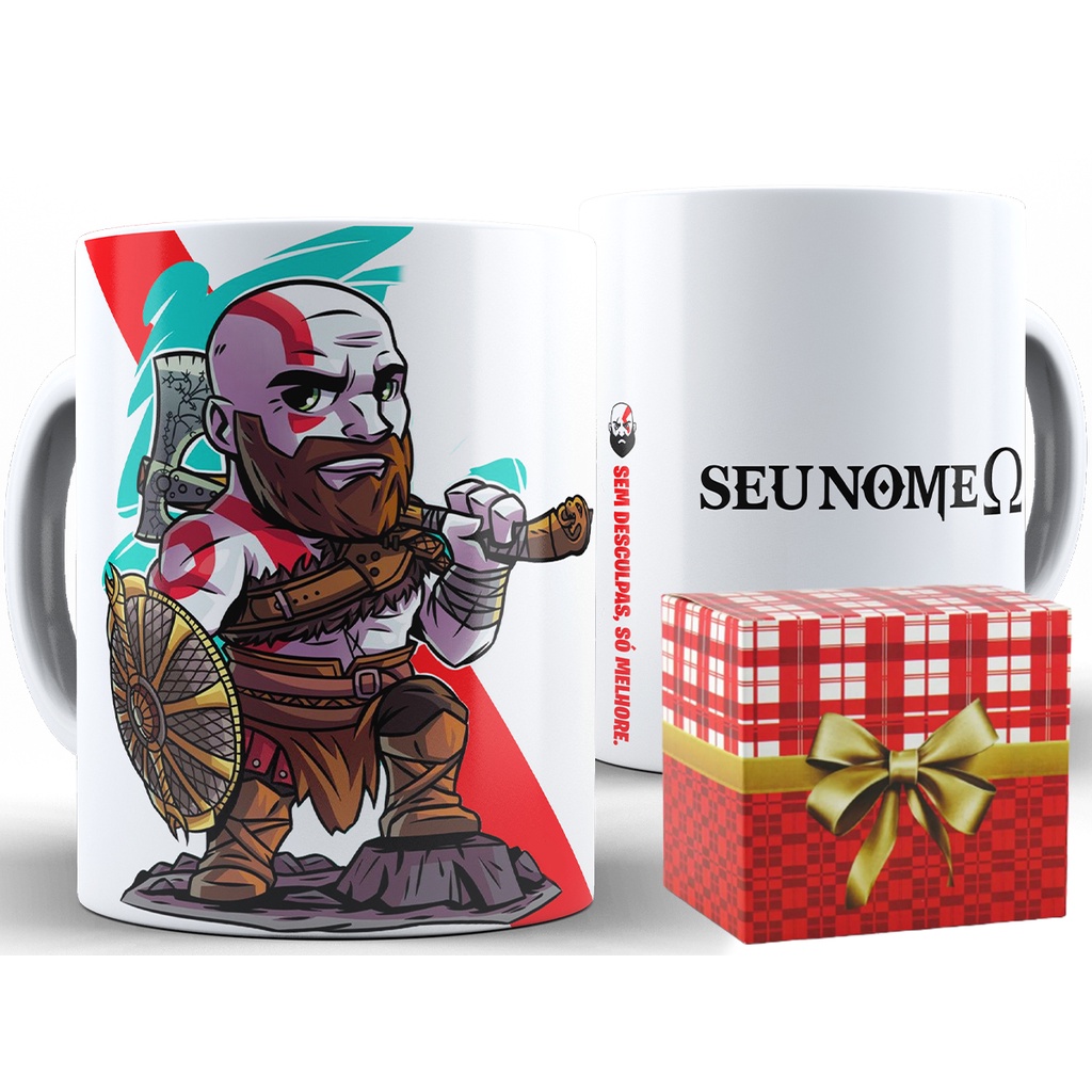 Caneca Kratos Personalizada Com Nome + Caixa - Xícara 325ML Porcelana Super Branca Cerâmica Gow God Of War