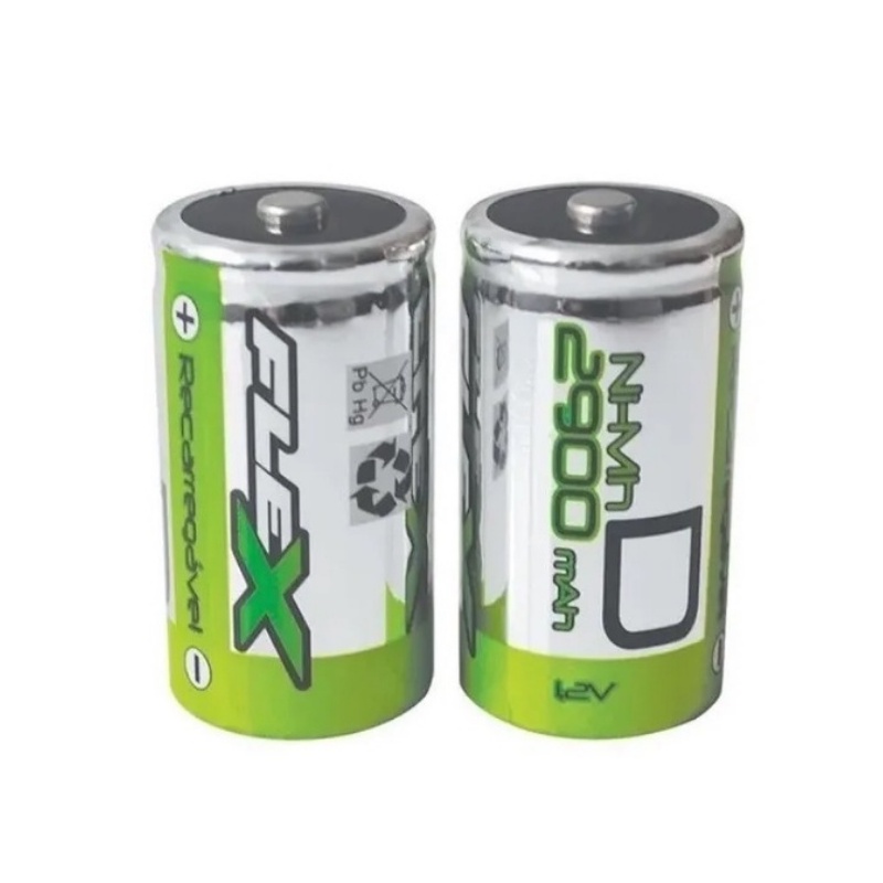 Pilha Tipo D (grande) 2900mah Recarregavel Flex Com 2 Unidades