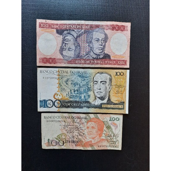 Coleção com 03 cédulas do Brasil 100 cruzeiros, 100 cruzados e 100 cruzados novos Mbc