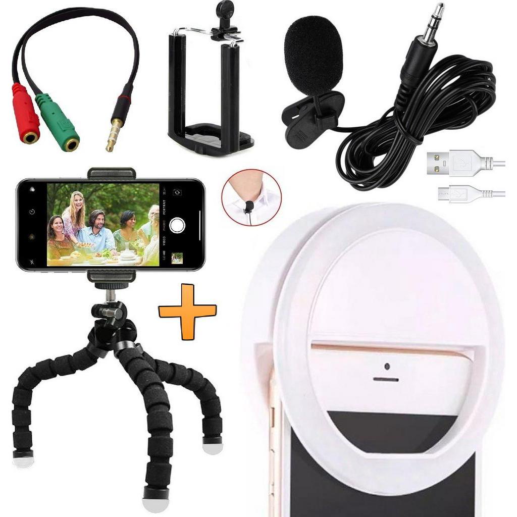 Microfone De Lapela Para Celular Smartphone Universal Iphone Android Luz Flash Led Iluminador Ring Light Tripé Flexível