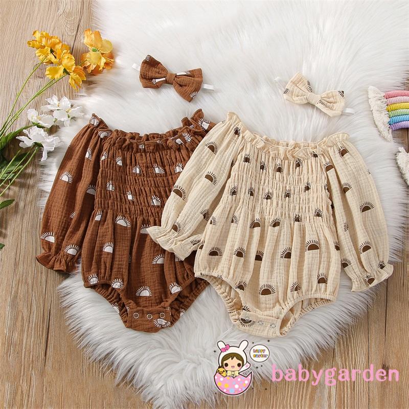 Conjunto de Outono para Bebê Menina 0-24 meses, Macacão de Manga Longa com Decote em Barco e Renda com Estampa de Sol + Faixa de Cabelo