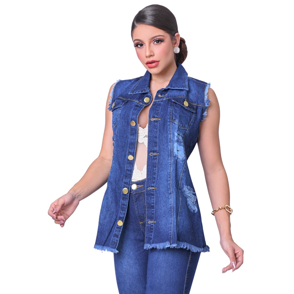 Colete Feminino Jeans Max sem Lycra Longo com 2 Bolsos Super Lindo Comprido Oversized Promoção Plus Size