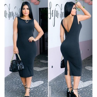 Vestido Midi Canelado casual Tendência Decote V e Fenda nas Costas Feminino Moda Verão Promoção Estiloso Sexy Blogueira