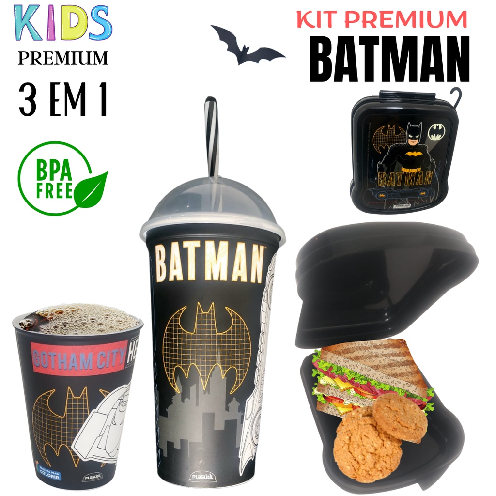 Copo 320ML Batman + Copo Shake 500ML Batman + Sanduicheira Batman BPA FREE