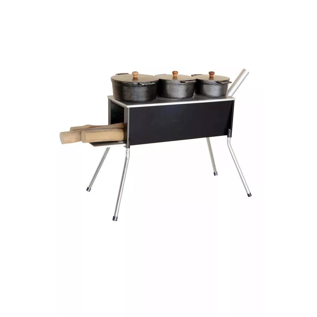 Imagem Fogão A Lenha 3 Bocas Portátil Vira Churrasqueira 2em1