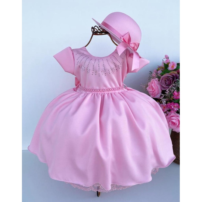 Vestido Bebê e Infantil para Festas Batizado Casamento Daminha Luxo Vestido de Festa Infantil para Princesas com chapéu infantil