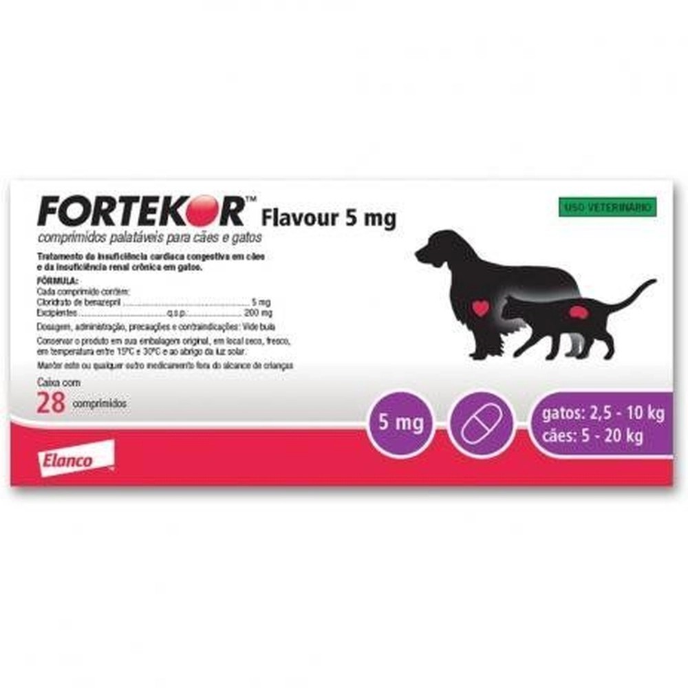 Fortekor Flavour 5mg C/ 28 Comprimidos - Insuficiência Cardíaca em Cães (5 - 20Kg) e Renal em Gatos em Oferta na Shopee