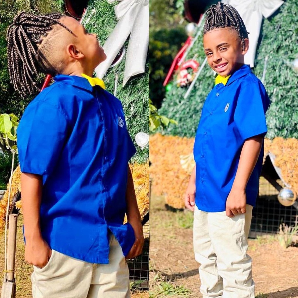 Roupa Menino Infantil Camisa Manga Curta Azul Royal Calça Color Sarja Bege Gravata Amarelo