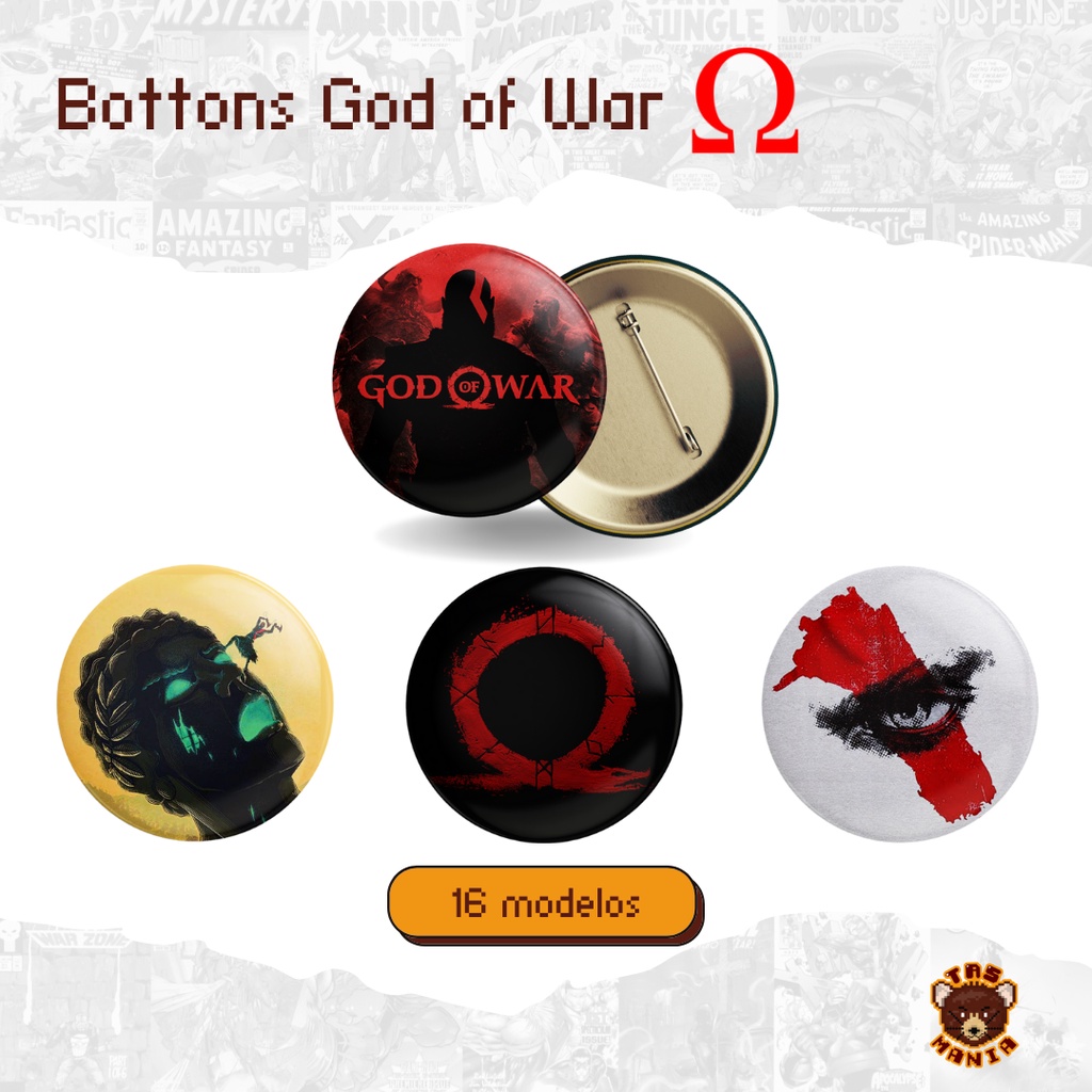 Bottons God of War tamanhos 2,5 cm; 3,5 cm e 4,5 cm, game Sony Playstation - Santa Monica Studios - Broches God of War