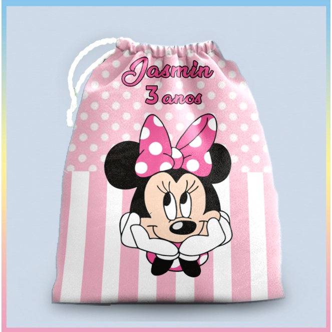 10 Sacolinhas personalizada tema Minie Rosa Listras e Bolinhas 29cm x 19cm em Oferta na Shopee