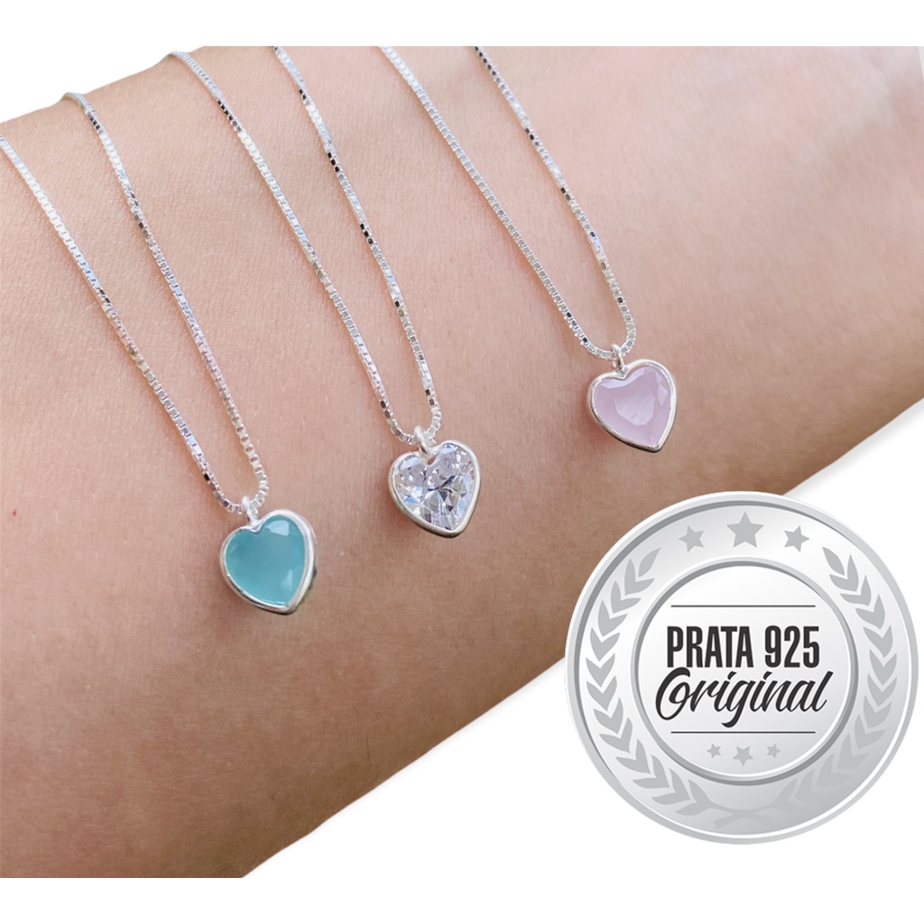 Colar de Prata 925 Legítima com Pingente Coração Pedra de Zircônia Corrente de Prata 925