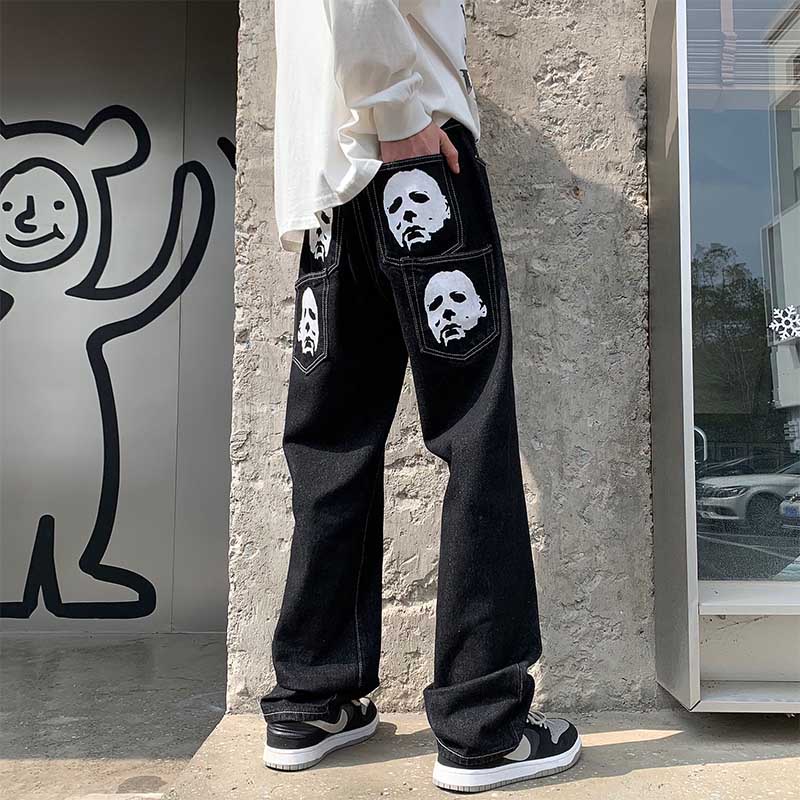 Calça Jeans Masculina Reta Drape Design Retrô Com Pingente De Nicho