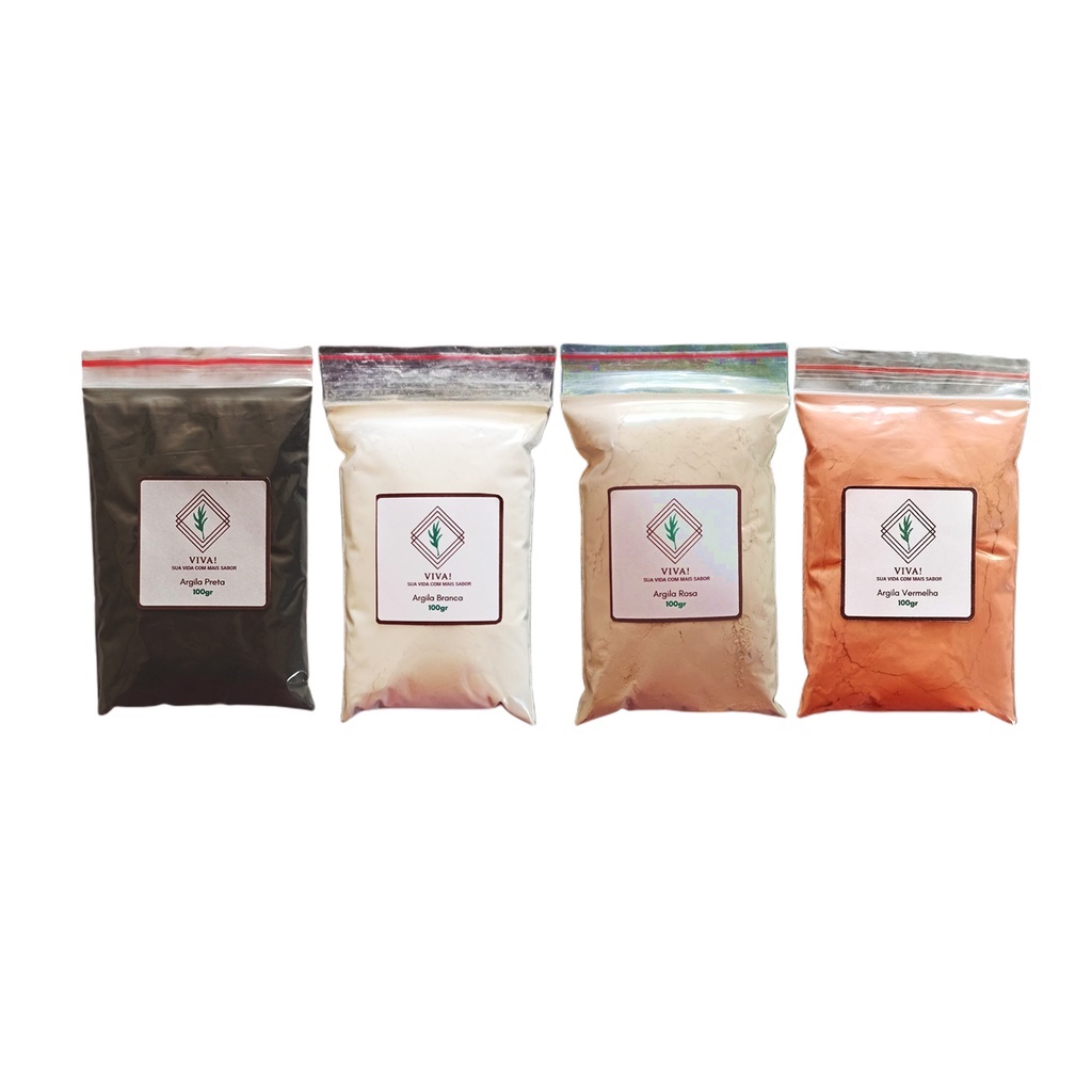 KIT ARGILA PRETA/BRANCA/ROSA/VERMELHA 100 gramas cada pacotinho