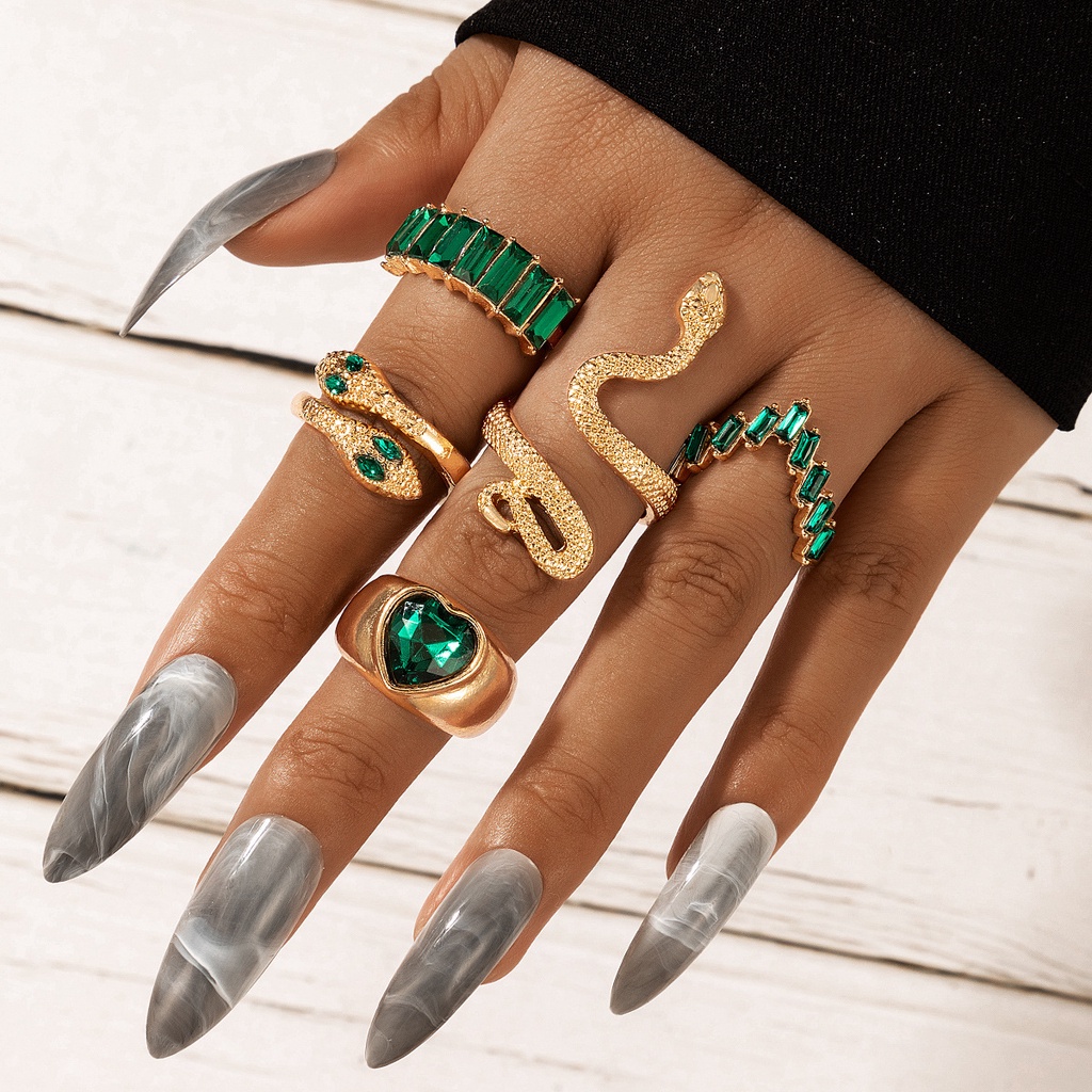 5 Pçs/Set Luxo Verde Cristal Do Amor Coração Cobra Anéis De Dedo Mulheres Open Forma Conjunto Anel De Metal Jóias