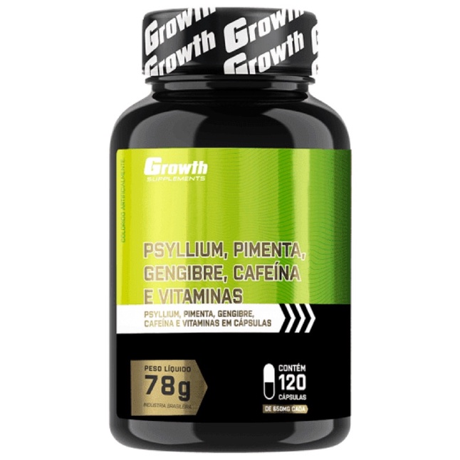 Psyllium, Pimenta, Gengibre, Cafeína e vitaminas 120 caps - Growth Supplements