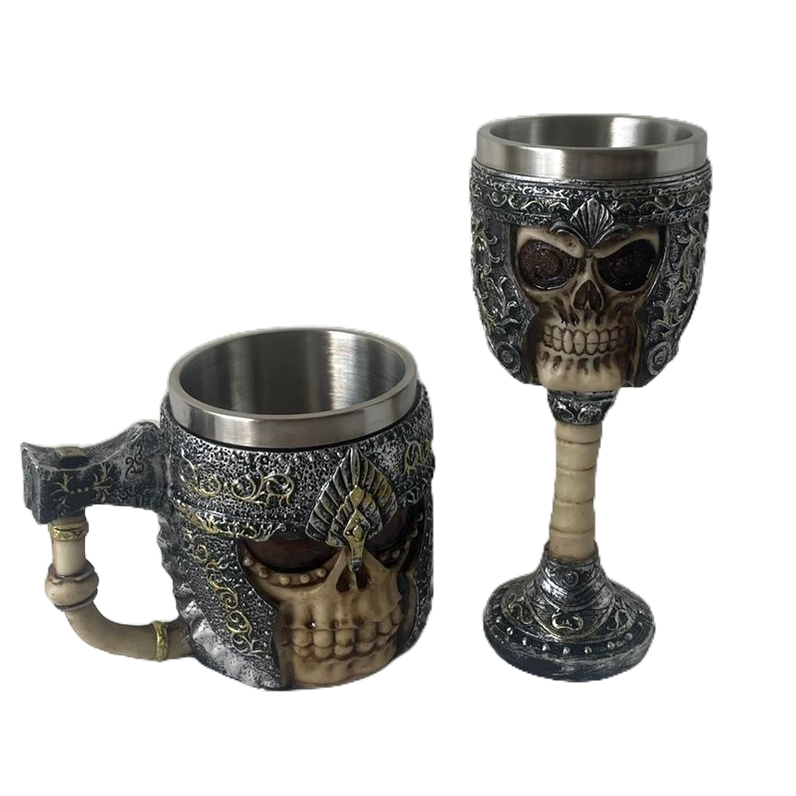 Kit taça e caneca caveira inox decoração em resina 3D halloween medieval viking valor do kit