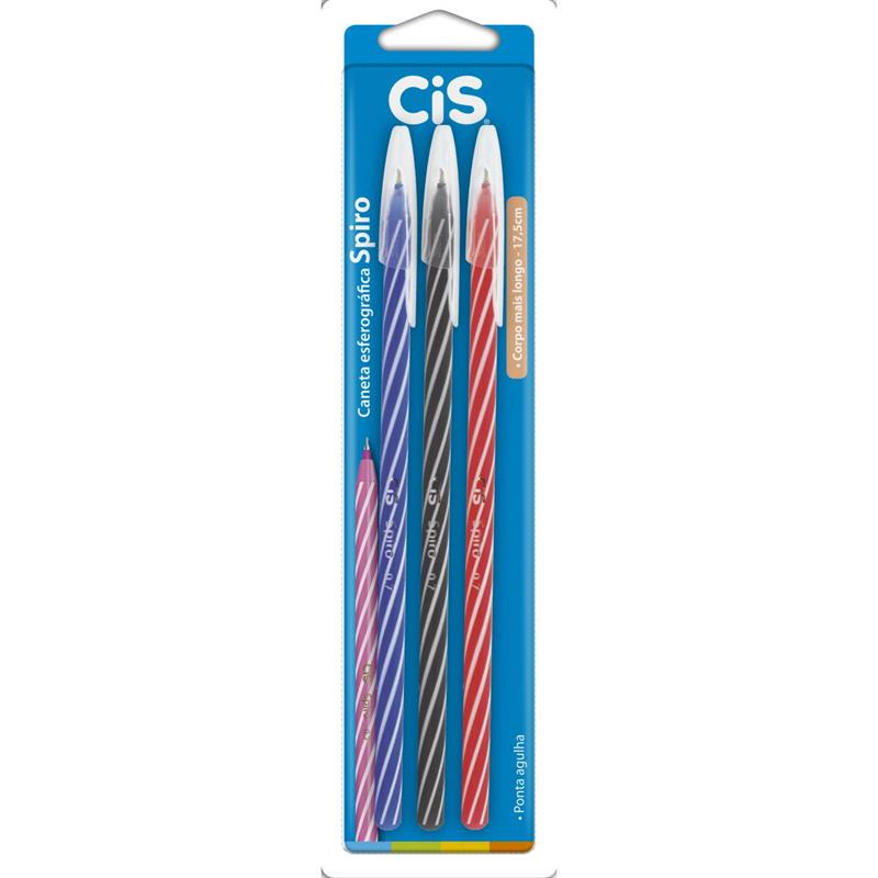 Kit 3x Caneta Esferográfica Cis Spiro 1x Azul 1x Preta 1x Vermelha Ponta Agulha 0.7mm