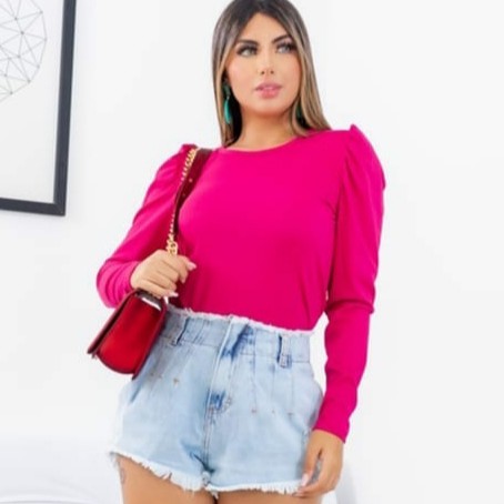 Blusa feminina manga longa princesa bufante malha canelada moda blogueira