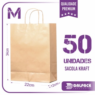 Sacola de Papel Kraft - 50 Unidades - M (22x12x34) - Lisa Sem Impressão em Oferta na Shopee